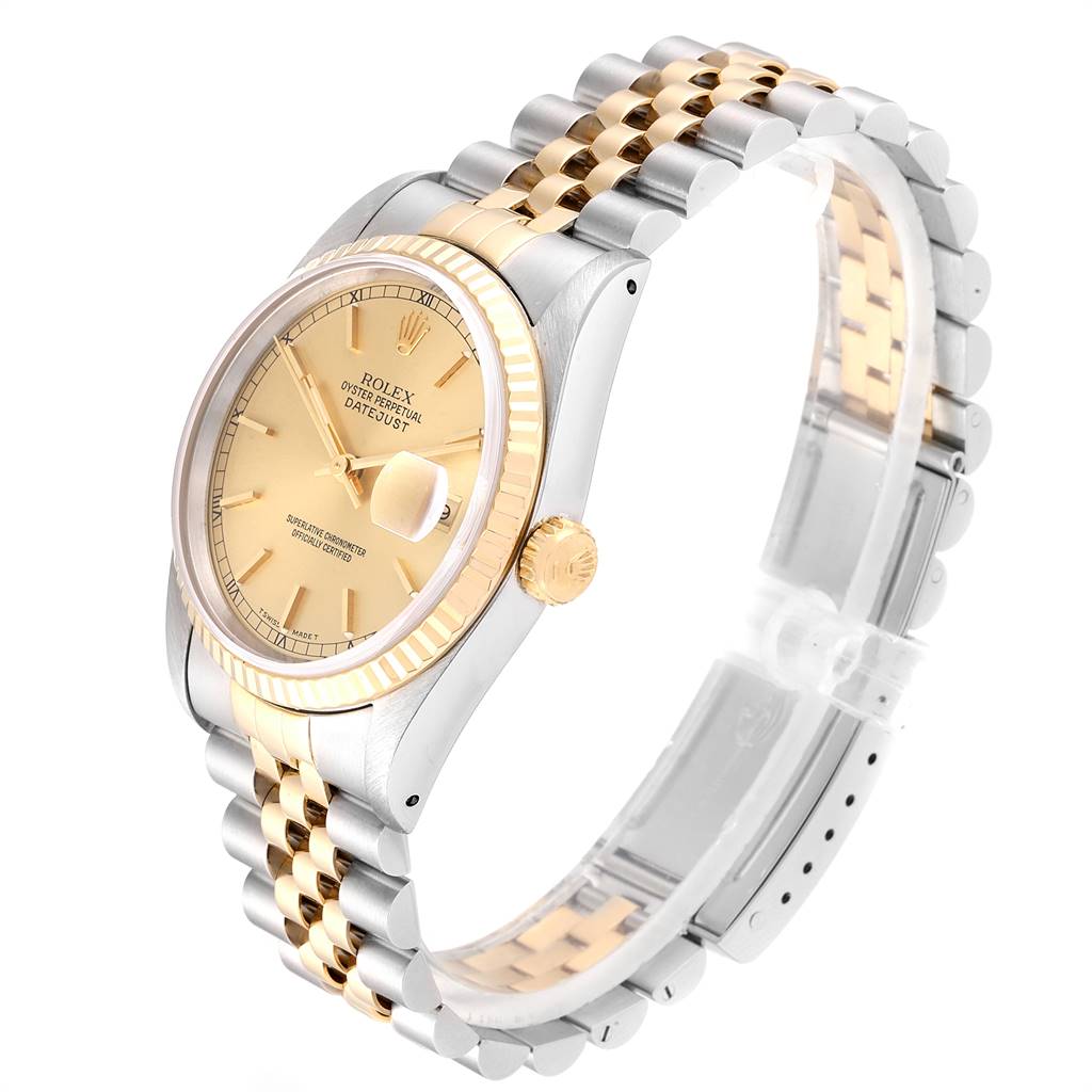 The image shows a Rolex Datejust 16233 Men's Steel and Gold (two tone) Champagne Dial 16233 Men's Steel and Gold (two tone) Champagne Dial watch at an angled side view, highlighting the dial, bezel, crown, and bracelet.