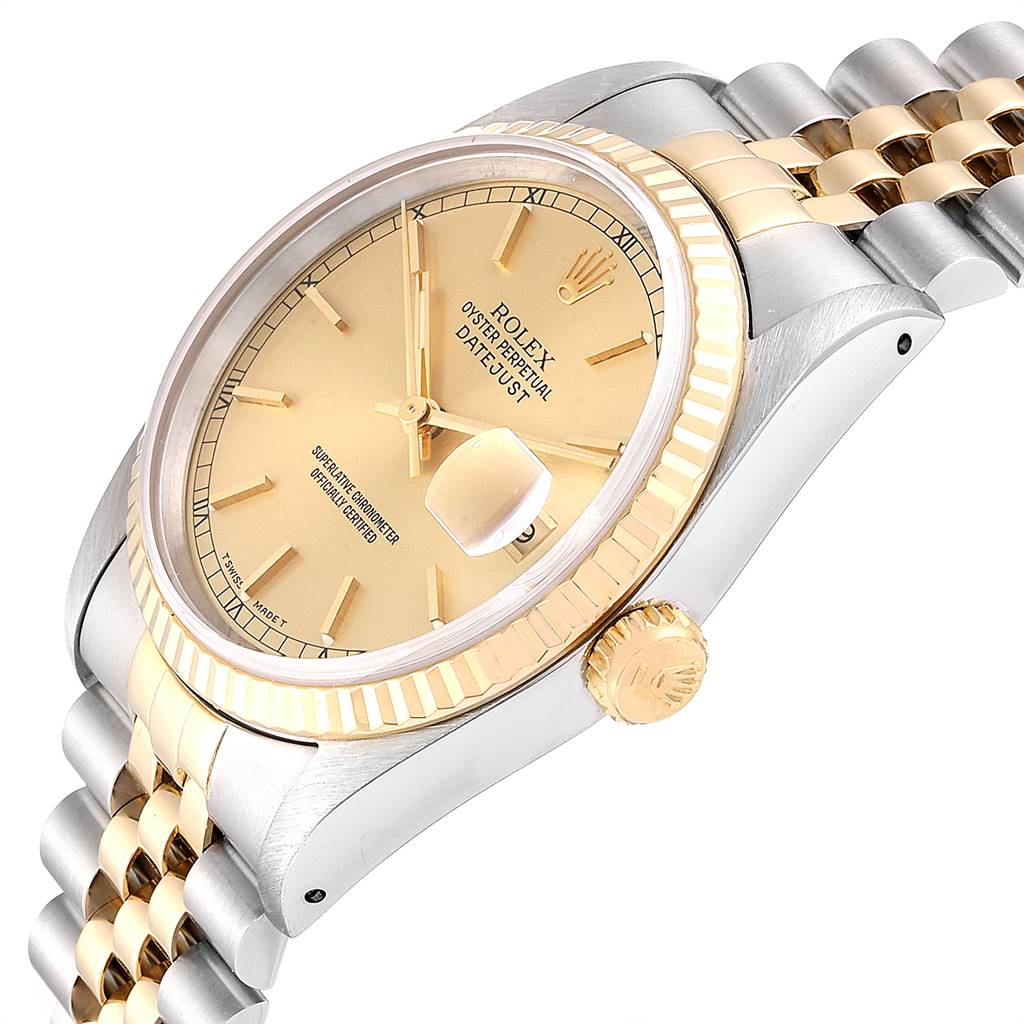The image shows a side angle of the Rolex Datejust 16233 Men's Steel and Gold (two tone) Champagne Dial 16233 Men's Steel and Gold (two tone) Champagne Dial watch, highlighting the bezel, crown, dial, and part of the bracelet.