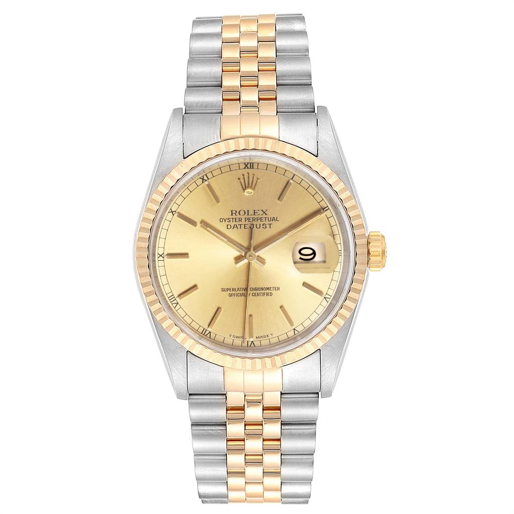 The Rolex Datejust 16233 Men's Steel and Gold (two tone) Champagne Dial 16233 Men's Steel and Gold (two tone) Champagne Dial watch is shown from a top-down angle, highlighting its dial, bezel, and Jubilee bracelet.