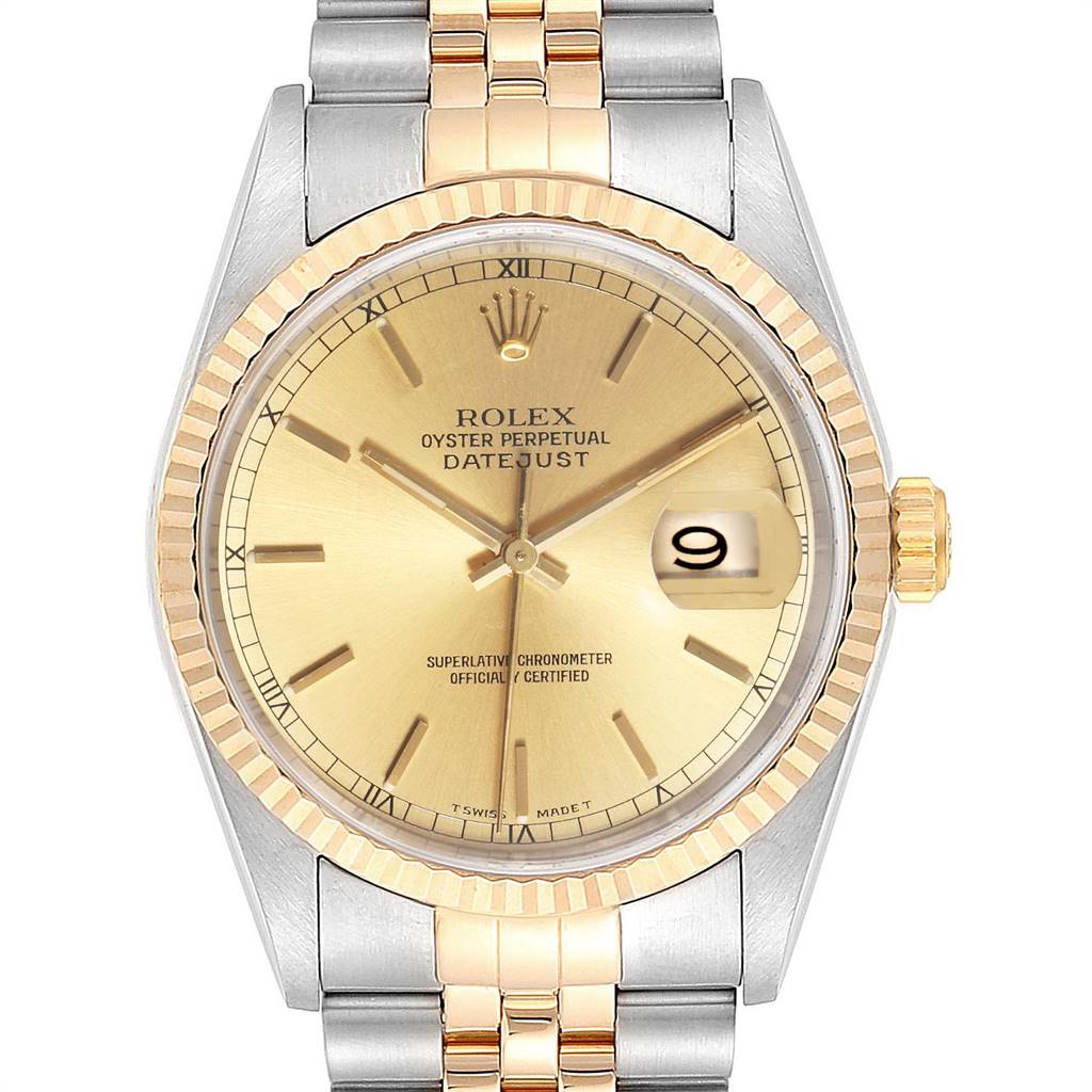 The image shows a front view of a Rolex Datejust 16233 Men's Steel and Gold (two tone) Champagne Dial 16233 Men's Steel and Gold (two tone) Champagne Dial watch highlighting the dial, bezel, and bracelet.