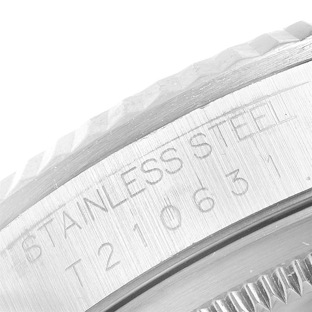 This close-up image shows the engraved stainless steel case back of a Rolex Datejust 16234 Men's Stainless Steel Silver Dial 16234 Men's Stainless Steel Silver Dial watch.
