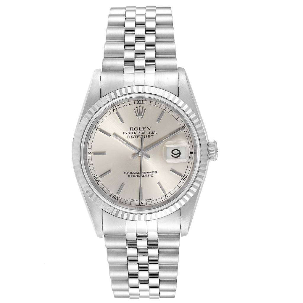 The image shows a Rolex Datejust 16234 Men's Stainless Steel Silver Dial 16234 Men's Stainless Steel Silver Dial watch front-facing, displaying the dial, case, bezel, and bracelet.