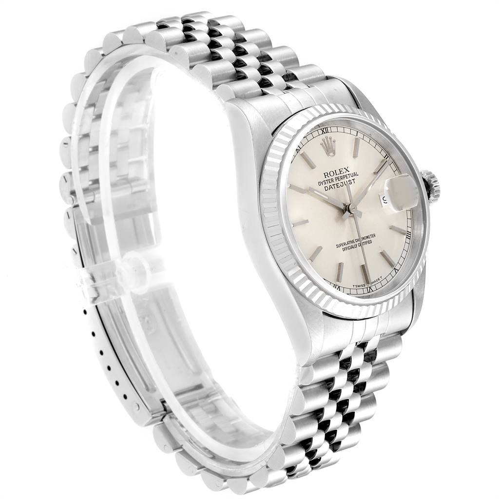 This image shows a side angle of a Rolex Datejust 16234 Men's Stainless Steel Silver Dial 16234 Men's Stainless Steel Silver Dial watch, highlighting its bracelet, case, bezel, dial, and cyclops lens.
