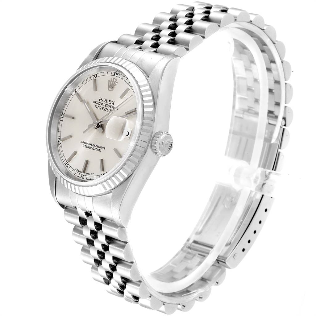 This Rolex Datejust 16234 Men's Stainless Steel Silver Dial 16234 Men's Stainless Steel Silver Dial model is shown at a slight angle, showcasing the watch face, fluted bezel, and jubilee bracelet.