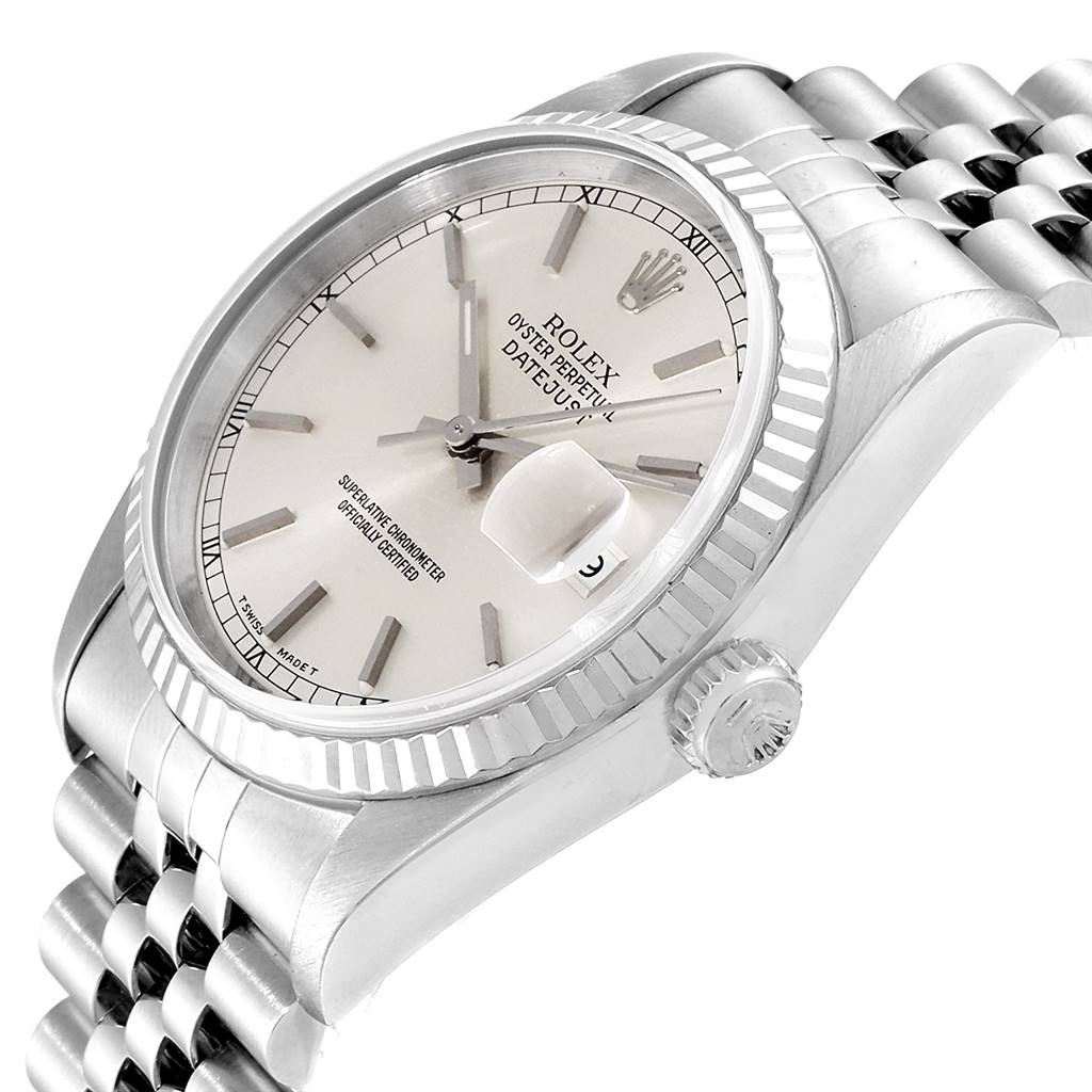 This image shows a close-up view of the Rolex Datejust 16234 Men's Stainless Steel Silver Dial 16234 Men's Stainless Steel Silver Dial watch featuring the dial, bezel, crown, and part of the bracelet.