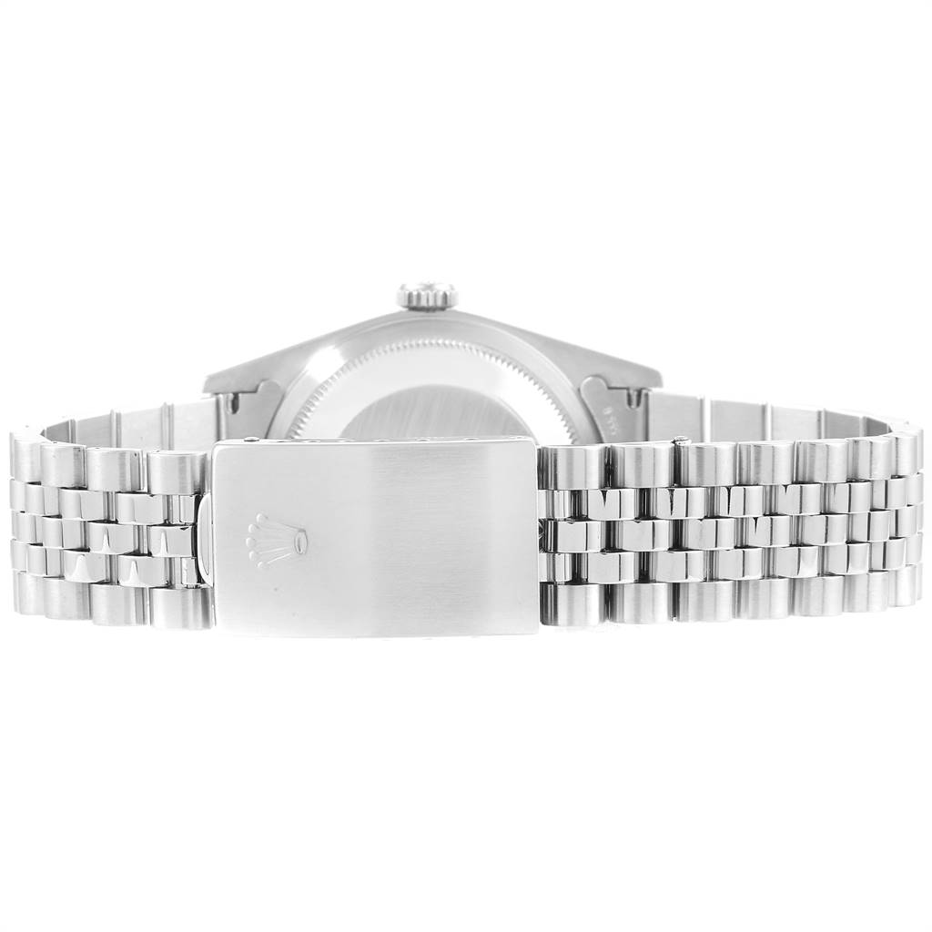 The image shows the back view of a Rolex Datejust 16234 Men's Stainless Steel Silver Dial 16234 Men's Stainless Steel Silver Dial, focusing on its clasp and Jubilee bracelet.