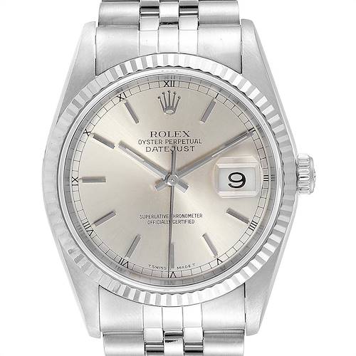 This image shows a Rolex Datejust watch from a front angle, highlighting the dial, bezel, and bracelet.