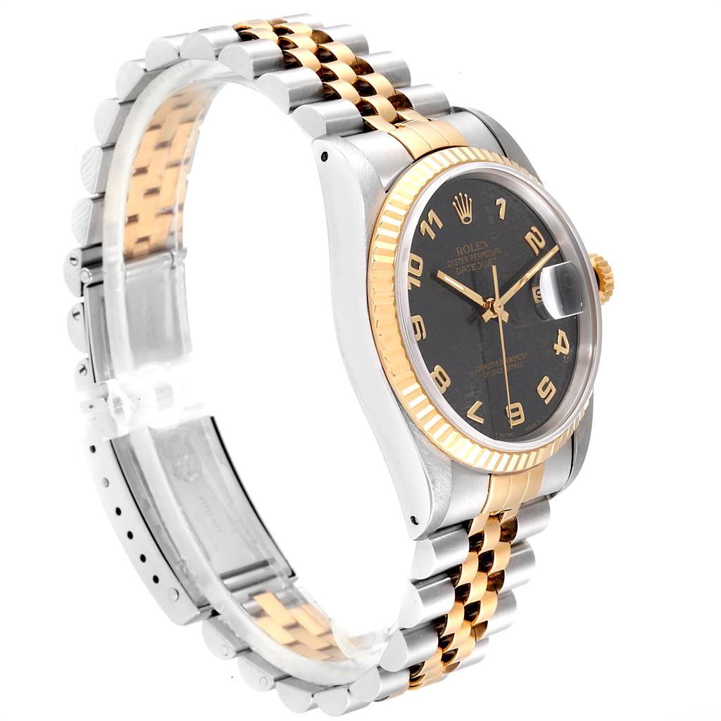 The image shows a Rolex Datejust 16233 Men's Steel and Gold (two tone) Grey Dial 16233 Men's Steel and Gold (two tone) Grey Dial watch at a side angle, highlighting its two-tone bracelet and fluted bezel.