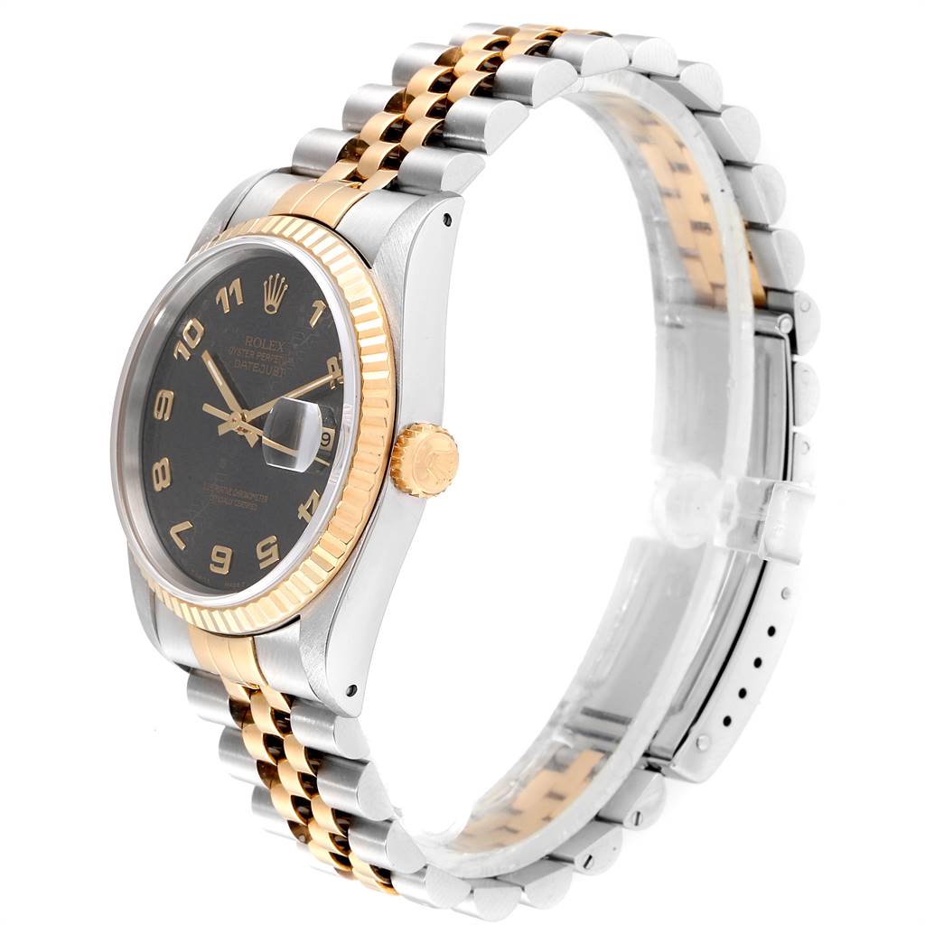 This Rolex Datejust 16233 Men's Steel and Gold (two tone) Grey Dial 16233 Men's Steel and Gold (two tone) Grey Dial watch is shown from a side angle, highlighting its face, bezel, crown, and bracelet.