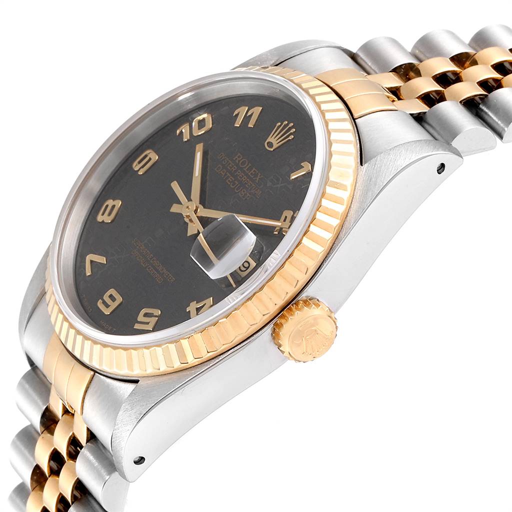 The image shows a side angle of a Rolex Datejust 16233 Men's Steel and Gold (two tone) Grey Dial 16233 Men's Steel and Gold (two tone) Grey Dial watch, highlighting its dial, bezel, crown, and two-tone bracelet.