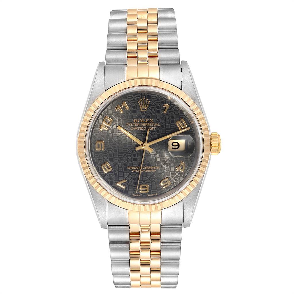 The Rolex Datejust 16233 Men's Steel and Gold (two tone) Grey Dial 16233 Men's Steel and Gold (two tone) Grey Dial watch is shown from a top view, displaying its face, bezel, and two-tone bracelet fully.