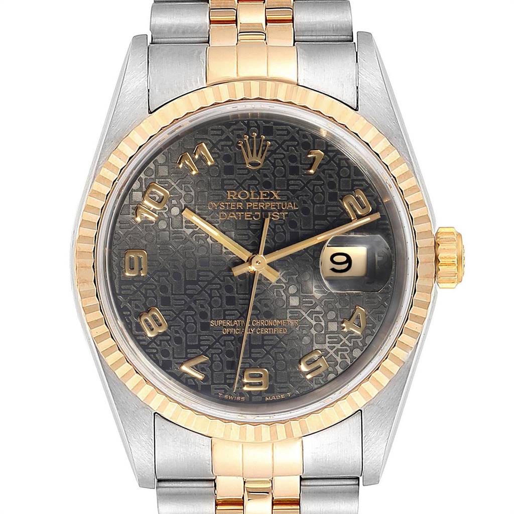 The Rolex Datejust 16233 Men's Steel and Gold (two tone) Grey Dial 16233 Men's Steel and Gold (two tone) Grey Dial watch is shown from a straight-on angle highlighting the dial, bezel, bracelet, and crown.