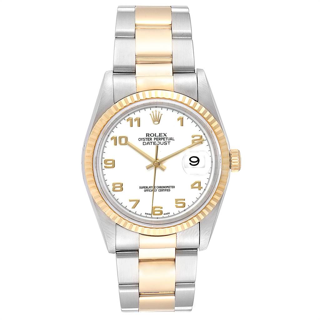 This image shows a straight-on view of a Rolex Datejust 16233 Men's Steel and Gold (two tone) White Dial 16233 Men's Steel and Gold (two tone) White Dial watch, highlighting its dial, bezel, and bracelet.