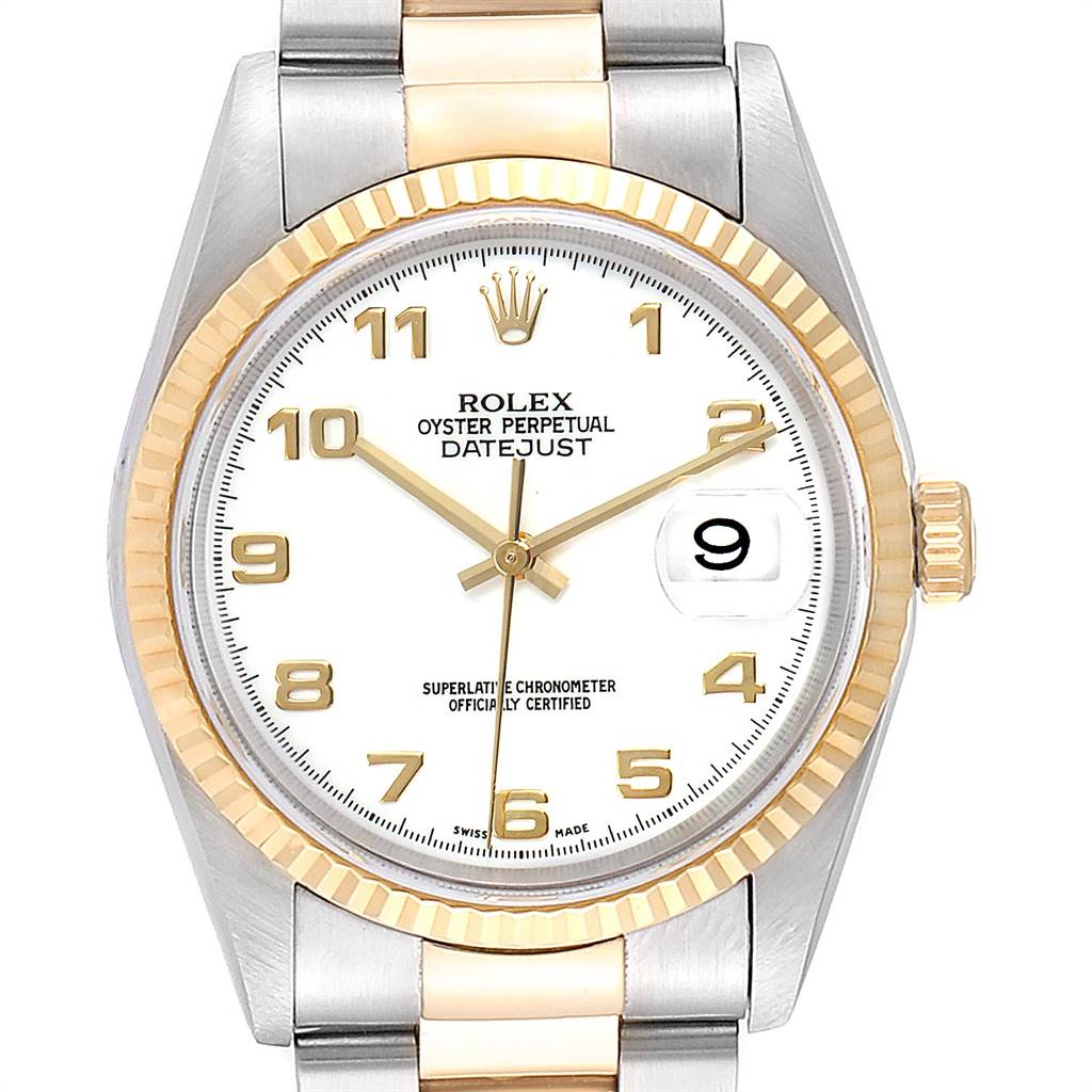 The image shows a frontal view of a Rolex Datejust 16233 Men's Steel and Gold (two tone) White Dial 16233 Men's Steel and Gold (two tone) White Dial watch, highlighting its dial, bezel, crown, and part of the bracelet.
