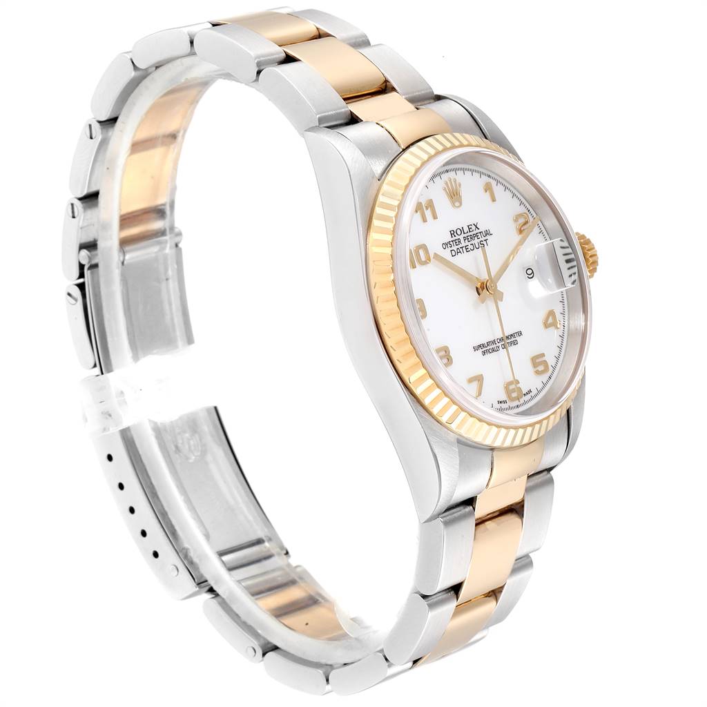 The Rolex Datejust 16233 Men's Steel and Gold (two tone) White Dial 16233 Men's Steel and Gold (two tone) White Dial watch is shown at an angle highlighting its face, bezel, two-tone bracelet, and crown.