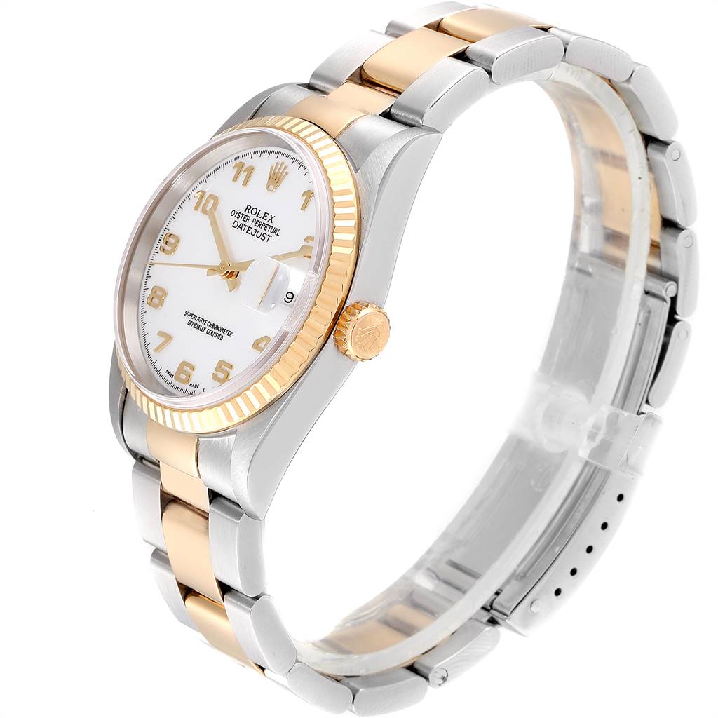This image shows a Rolex Datejust 16233 Men's Steel and Gold (two tone) White Dial 16233 Men's Steel and Gold (two tone) White Dial watch angled slightly to the right, highlighting the bezel, crown, dial, and bracelet.