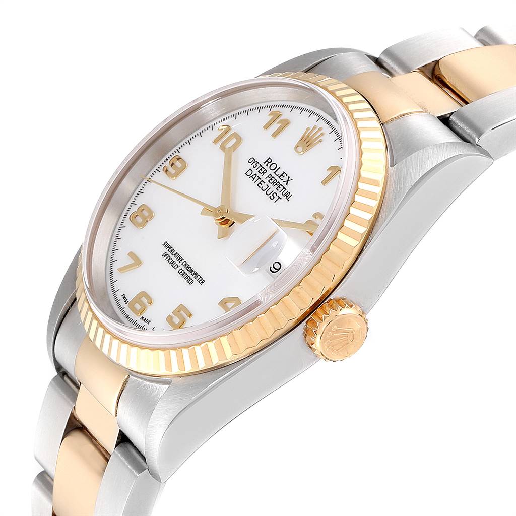 The image shows a side angle of the Rolex Datejust 16233 Men's Steel and Gold (two tone) White Dial 16233 Men's Steel and Gold (two tone) White Dial watch, focusing on the face, bezel, crown, and part of the bracelet.