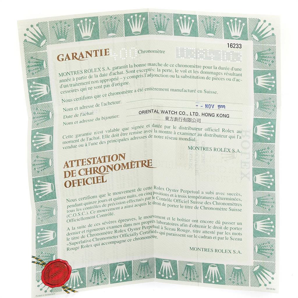 The image shows a warranty certificate for a Rolex Datejust 16233 Men's Steel and Gold (two tone) White Dial 16233 Men's Steel and Gold (two tone) White Dial watch, outlining purchase and authenticity details.