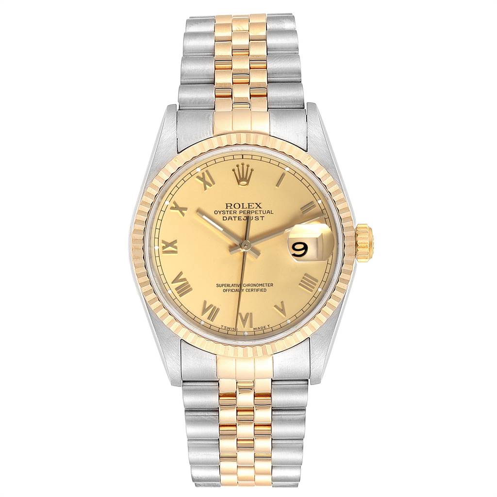 The image shows a Rolex Datejust 16233 Men
s Steel and Gold (two tone) Champagne Dial 16233 Men
s Steel and Gold (two tone) Champagne Dial watch from a front angle, featuring the dial, bezel, and bracelet.