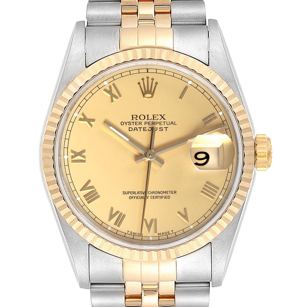 The image shows a Rolex Datejust 16233 Men
s Steel and Gold (two tone) Champagne Dial 16233 Men
s Steel and Gold (two tone) Champagne Dial watch from a front angle, highlighting the dial, bezel, crown, and bracelet.