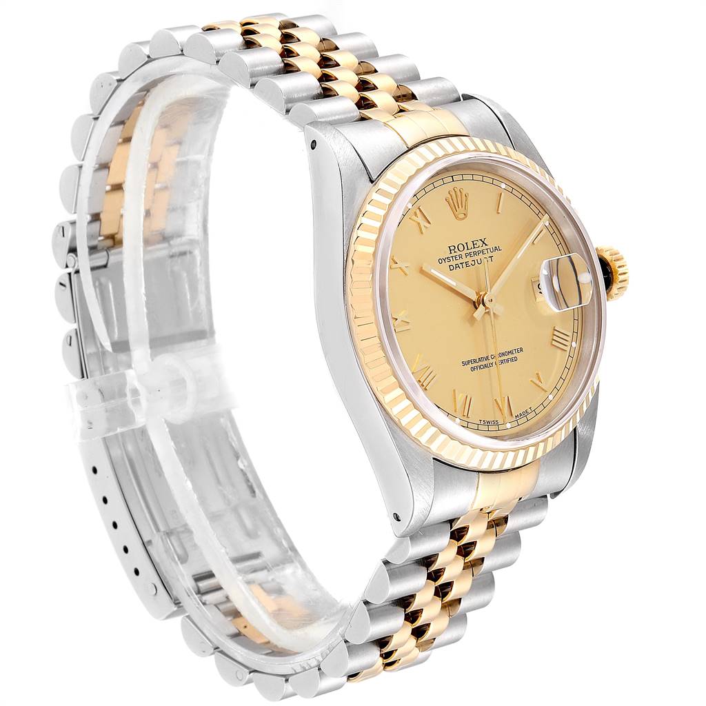 The Rolex Datejust 16233 Men
s Steel and Gold (two tone) Champagne Dial 16233 Men
s Steel and Gold (two tone) Champagne Dial watch is pictured at a three-quarter angle, showcasing its face, bezel, crown, and two-tone bracelet.
