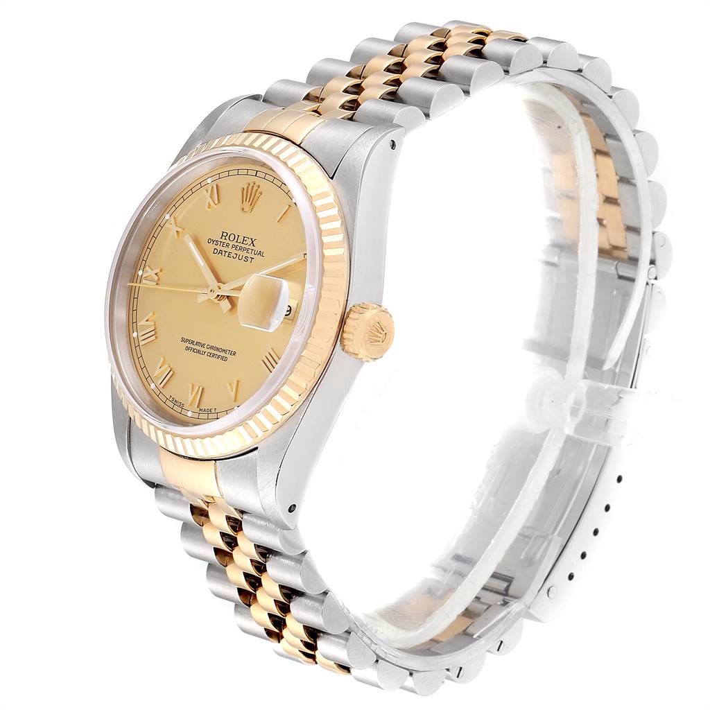 The image shows a Rolex Datejust 16233 Men
s Steel and Gold (two tone) Champagne Dial 16233 Men
s Steel and Gold (two tone) Champagne Dial watch at a three-quarter angle, showcasing its gold and silver two-tone bracelet and case.