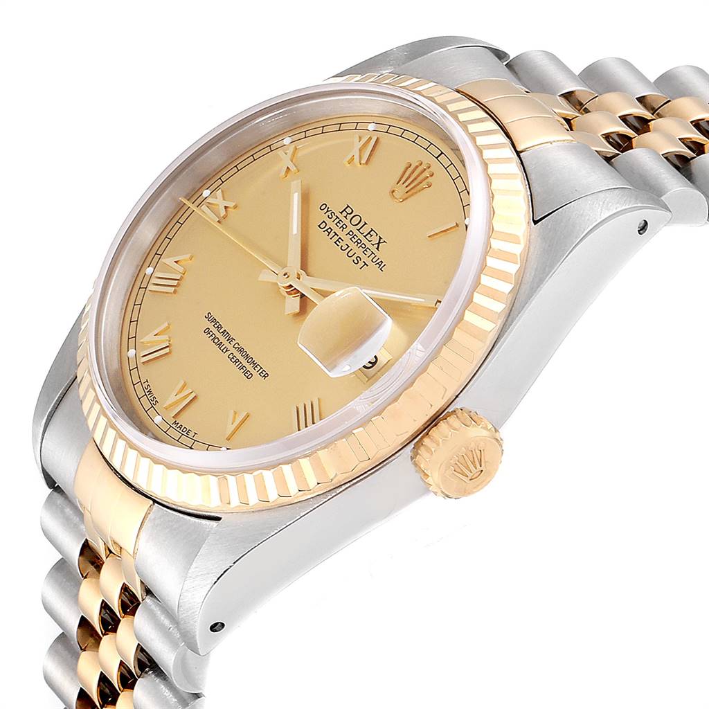 The image shows a side-angle view of the Rolex Datejust 16233 Men
s Steel and Gold (two tone) Champagne Dial 16233 Men
s Steel and Gold (two tone) Champagne Dial, displaying the watch face, crown, and part of the bracelet.