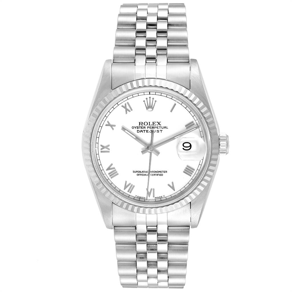 This image shows the front view of a Rolex Datejust 16234 Men's Stainless Steel White Dial 16234 Men's Stainless Steel White Dial watch, featuring its dial, hands, bezel, and bracelet.