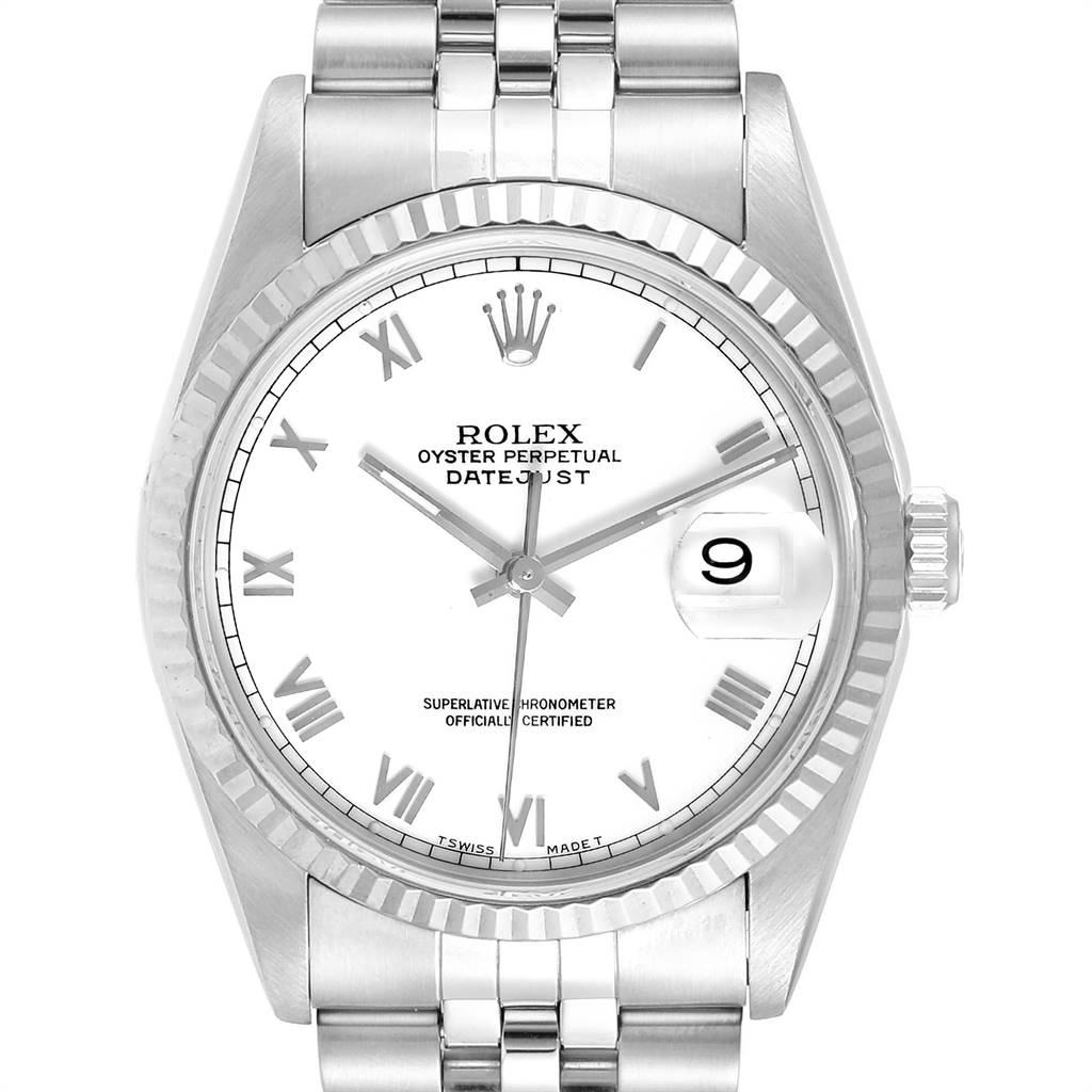 The image shows a front view of the Rolex Datejust 16234 Men's Stainless Steel White Dial 16234 Men's Stainless Steel White Dial, highlighting its dial, crown, bezel, and part of the bracelet.