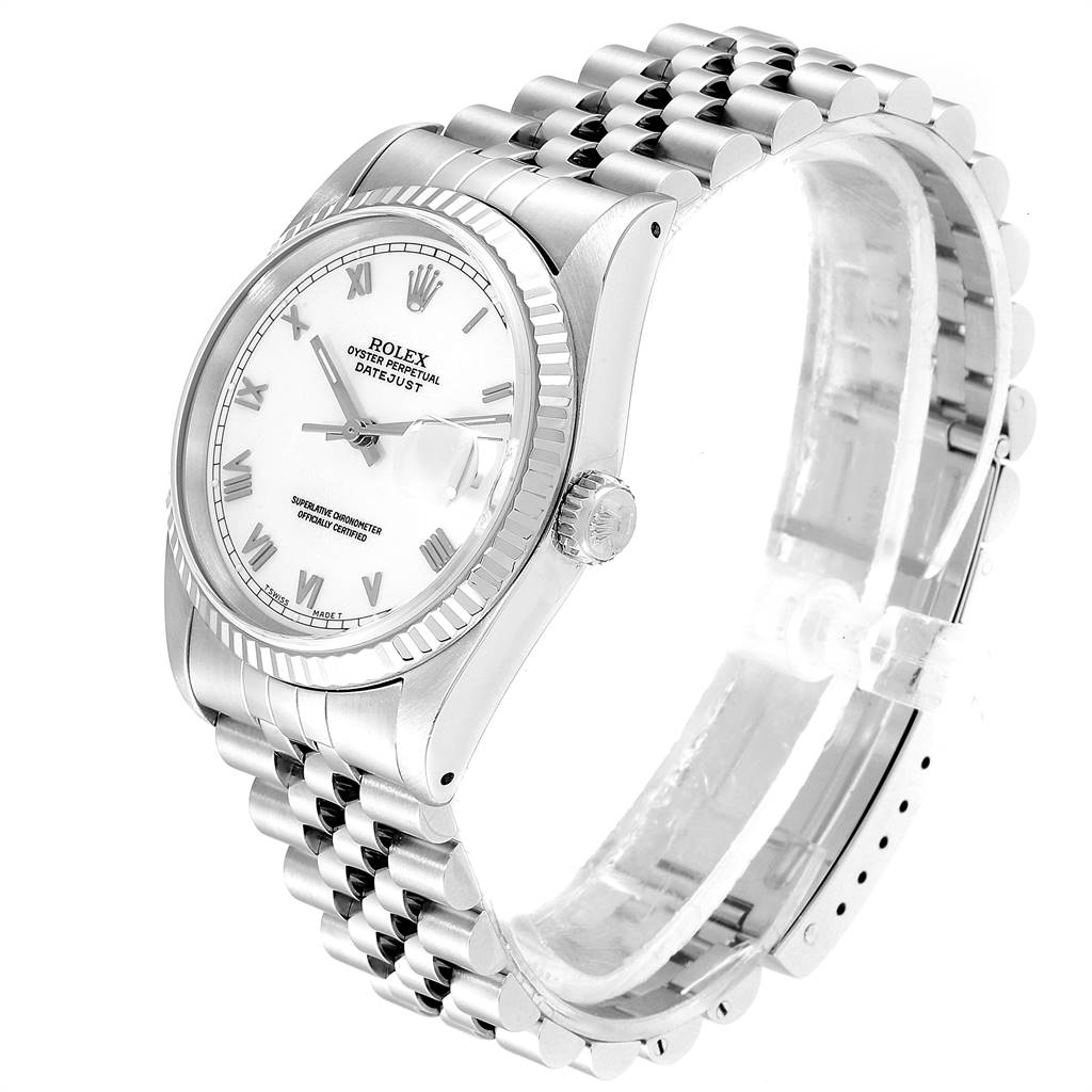 The image shows a side angle of a Rolex Datejust 16234 Men's Stainless Steel White Dial 16234 Men's Stainless Steel White Dial watch, highlighting its case, bezel, dial, crown, and Jubilee bracelet.