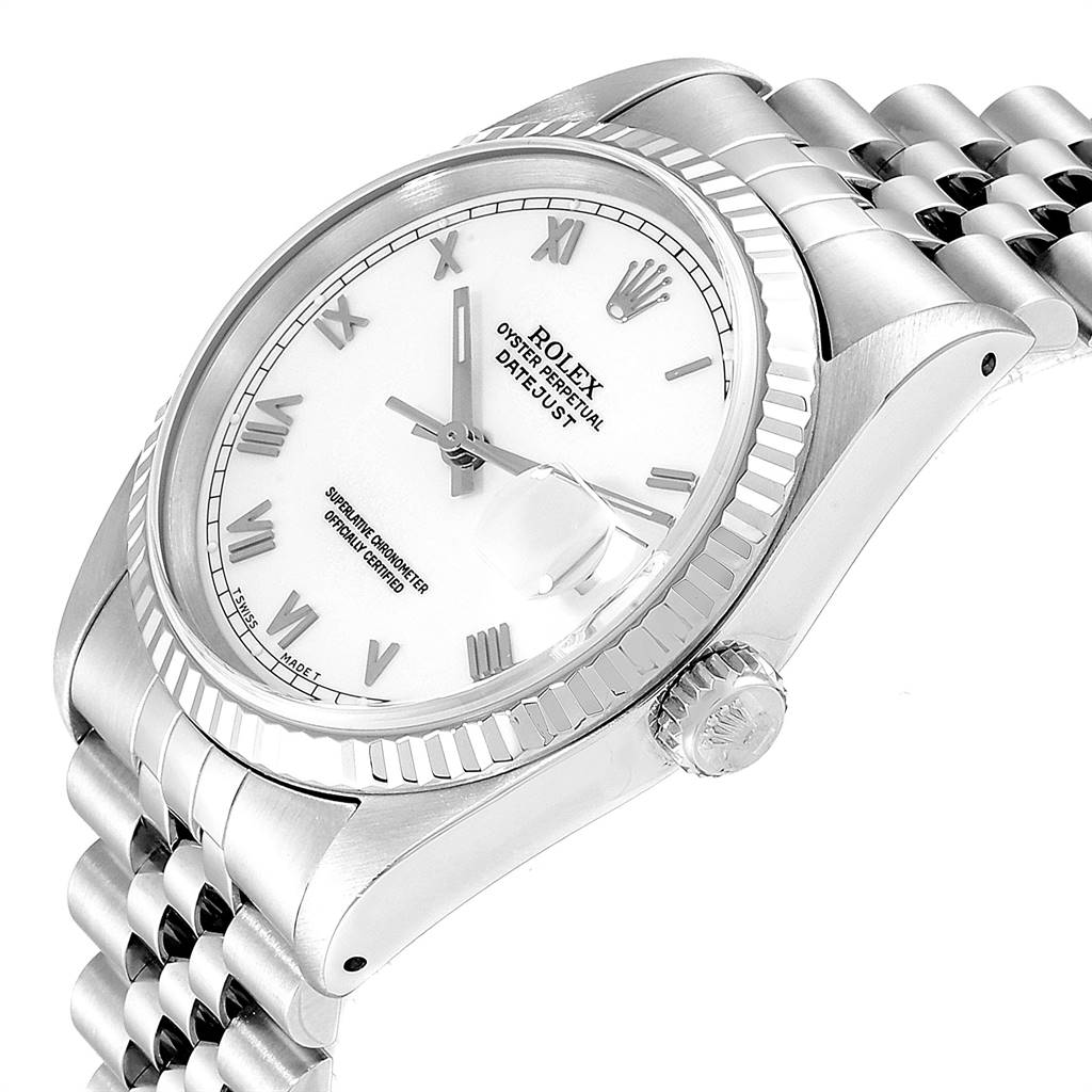 The Rolex Datejust 16234 Men's Stainless Steel White Dial 16234 Men's Stainless Steel White Dial watch is shown at an angled side view, displaying the face, bezel, crown, and part of the metal band.