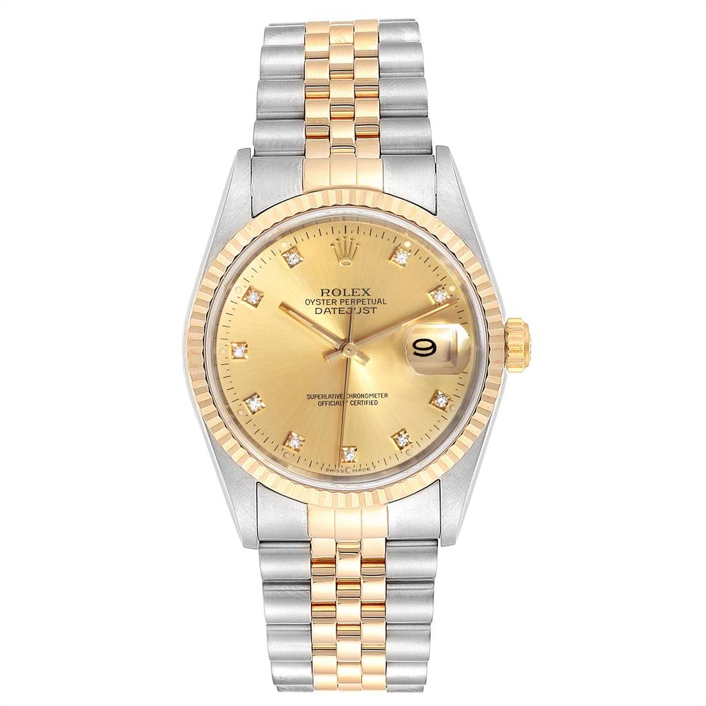 This image shows a Rolex Datejust 16233 Men
s Steel and Gold (two tone) Champagne Dial 16233 Men
s Steel and Gold (two tone) Champagne Dial model watch from a front angle, featuring a gold dial, date display, and bi-metal bracelet.