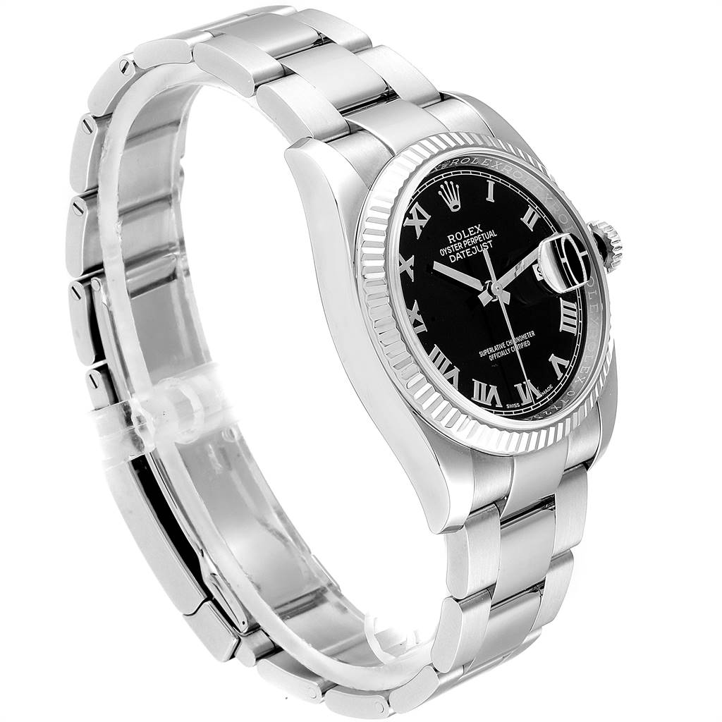 The Rolex Datejust 116234 Men's Stainless Steel Black Dial 116234 Men's Stainless Steel Black Dial model watch is shown at an angle displaying its black dial, fluted bezel, and stainless steel bracelet.