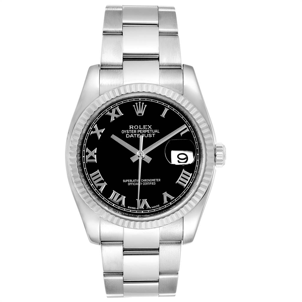 The image shows a frontal view of a Rolex Datejust 116234 Men's Stainless Steel Black Dial 116234 Men's Stainless Steel Black Dial watch, highlighting its black dial, date window, and stainless steel bracelet.