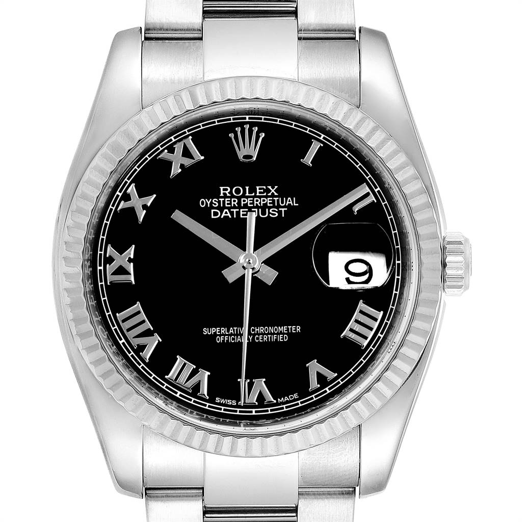 This Rolex Datejust 116234 Men's Stainless Steel Black Dial 116234 Men's Stainless Steel Black Dial model is shown from the front, displaying its black dial, Roman numerals, date window, and fluted bezel.
