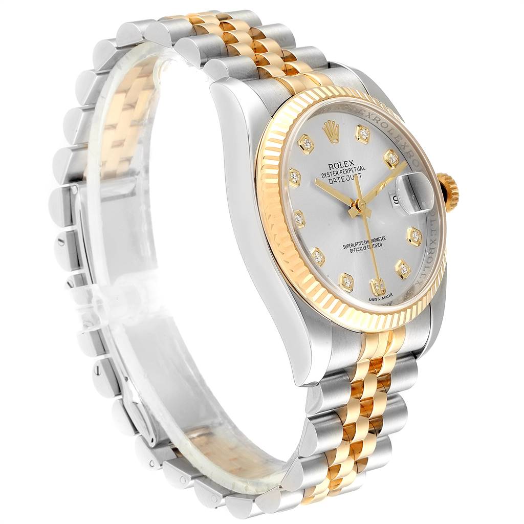 The image shows a side angle of a Rolex Datejust 116233 Men
s Stainless Steel Silver Dial 116233 Men
s Stainless Steel Silver Dial, highlighting its bracelet, crown, and face with fluted bezel and diamond markers.