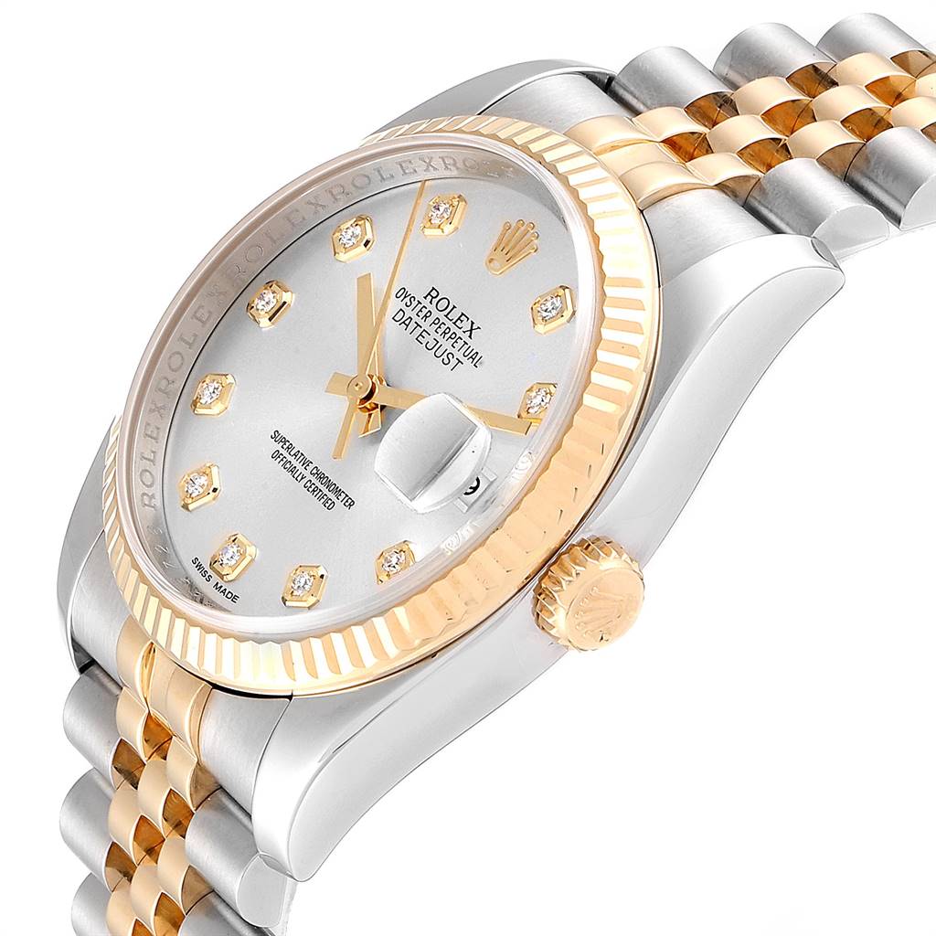 The image shows a Rolex Datejust 116233 Men
s Stainless Steel Silver Dial 116233 Men
s Stainless Steel Silver Dial watch at a slight angle, emphasizing its silver and gold dial, bezel, and Jubilee bracelet.