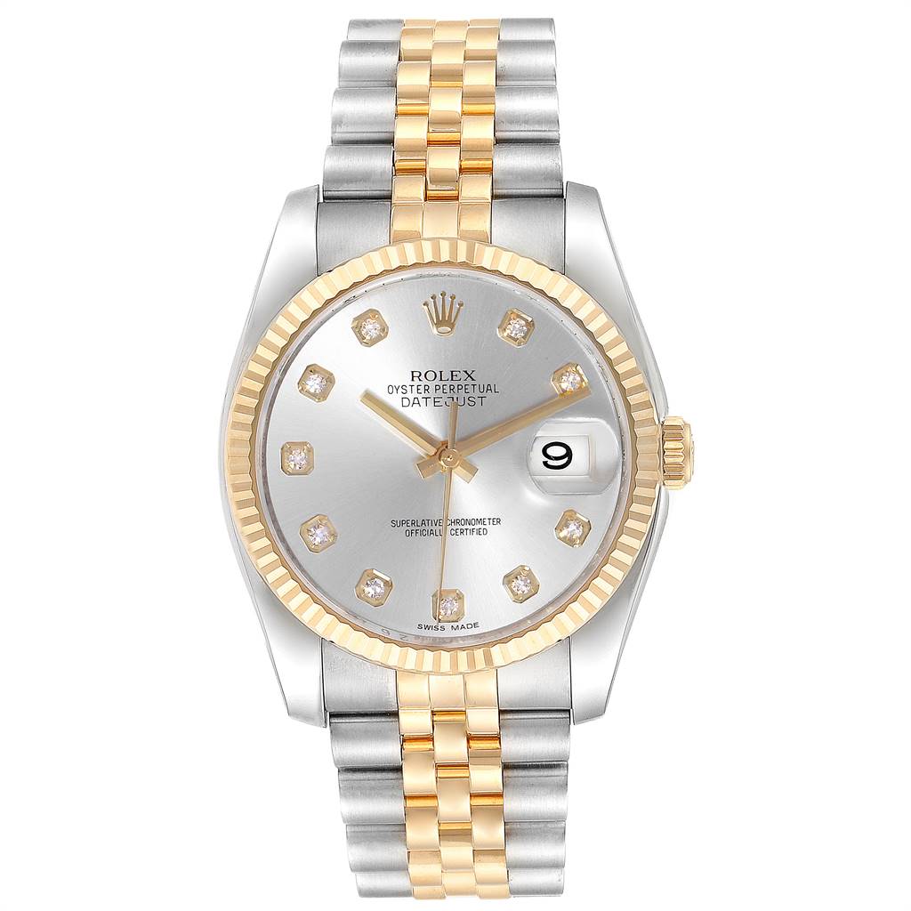 The image shows a front view of a two-tone Rolex Datejust 116233 Men
s Stainless Steel Silver Dial 116233 Men
s Stainless Steel Silver Dial watch, featuring a stainless steel and gold jubilee bracelet, fluted bezel, and diamond hour markers.