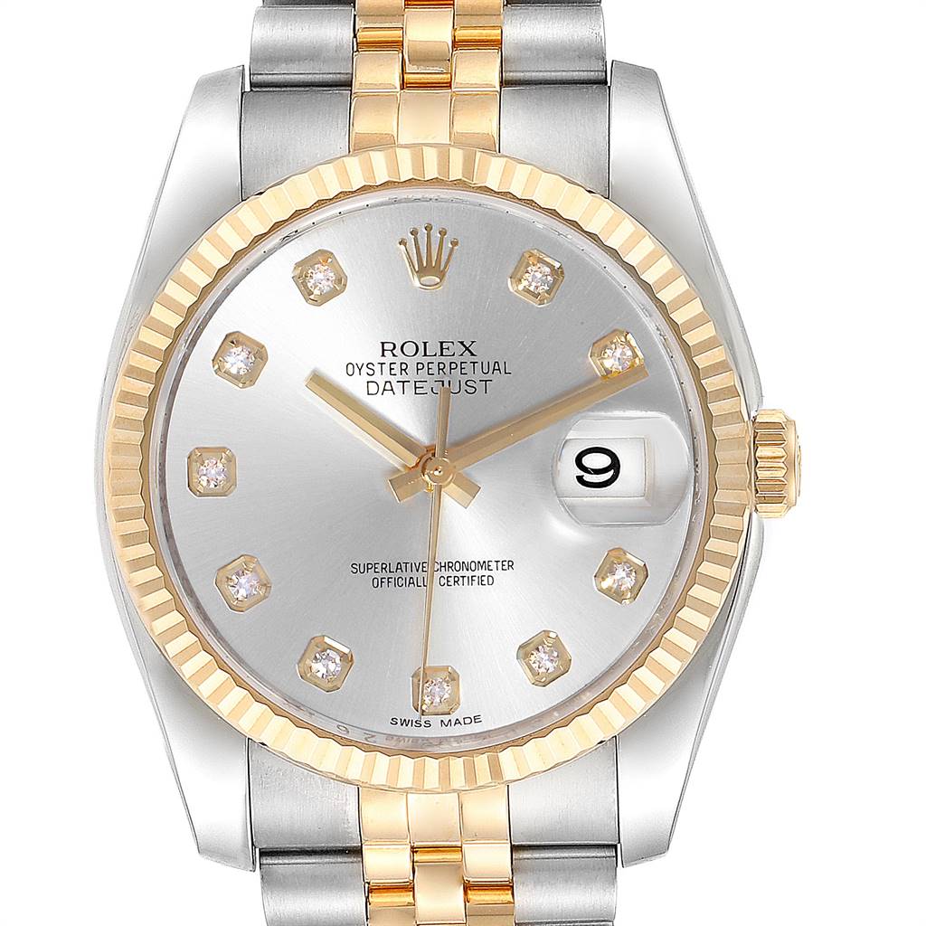 The image shows a frontal view of a Rolex Datejust 116233 Men
s Stainless Steel Silver Dial 116233 Men
s Stainless Steel Silver Dial watch, displaying the dial, bezel, and part of the two-tone bracelet.