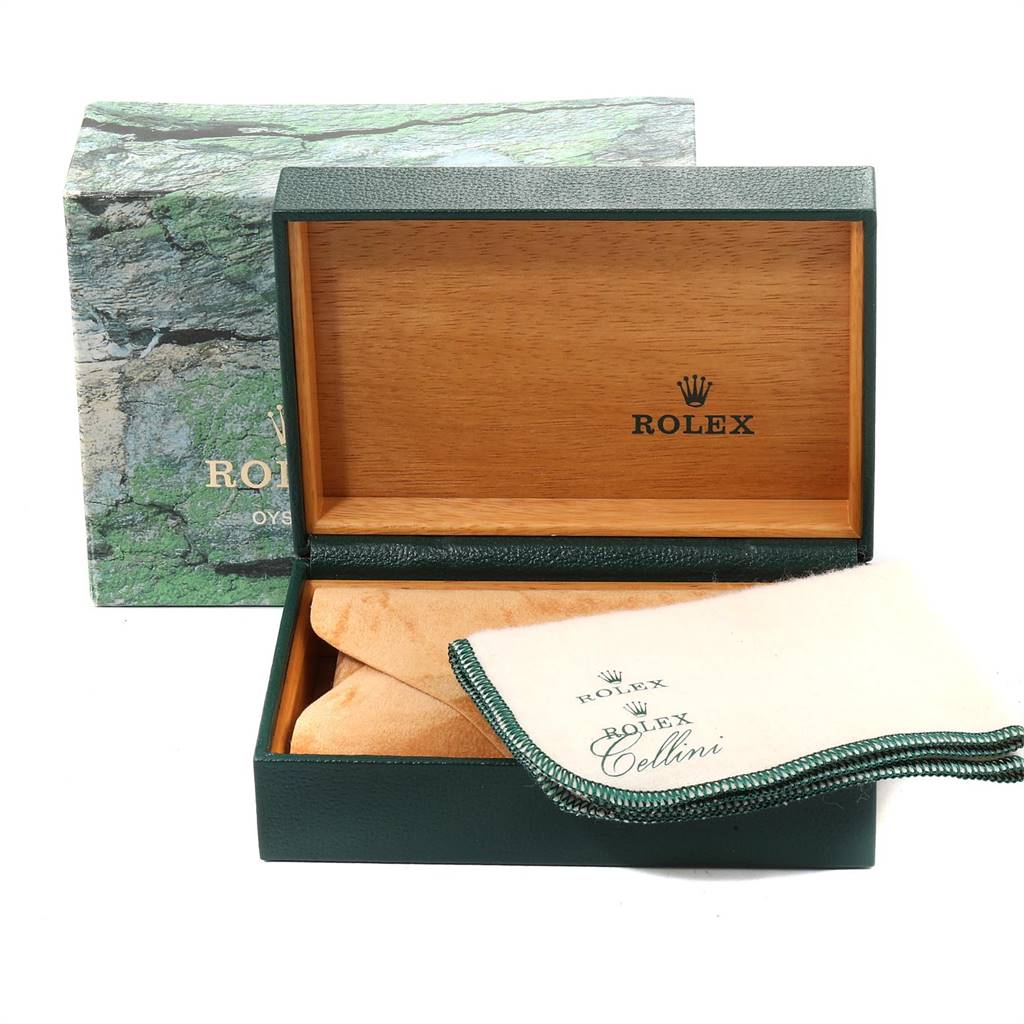 The image shows an open Rolex Datejust 16234 Men's Stainless Steel Silver Dial 16234 Men's Stainless Steel Silver Dial watch box with matching outer box and a polishing cloth.