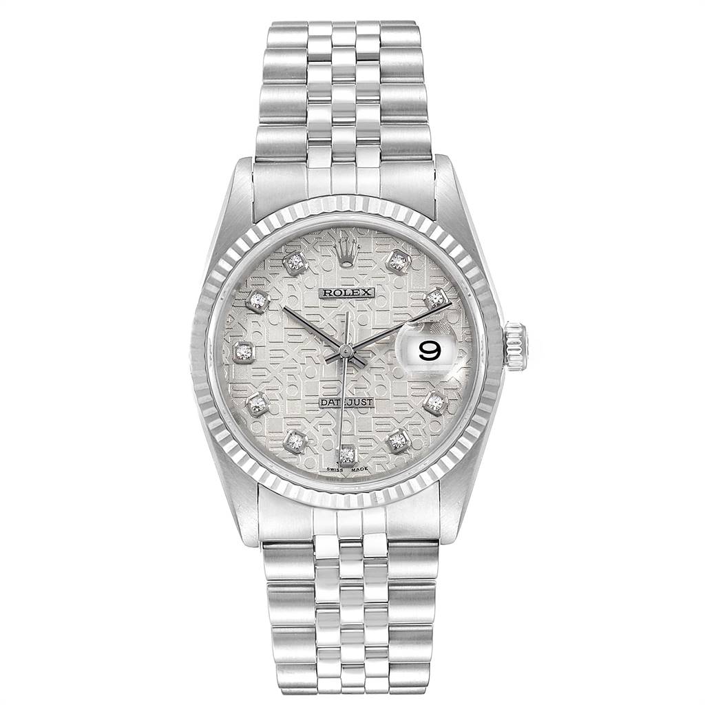 This image shows a front view of the Rolex Datejust 16234 Men's Stainless Steel Silver Dial 16234 Men's Stainless Steel Silver Dial watch, highlighting its face, bezel, and bracelet.