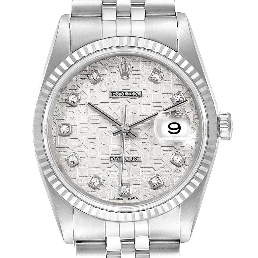 This image shows a front view of the Rolex Datejust 16234 Men's Stainless Steel Silver Dial 16234 Men's Stainless Steel Silver Dial watch, highlighting its face, bezel, and a portion of the bracelet.