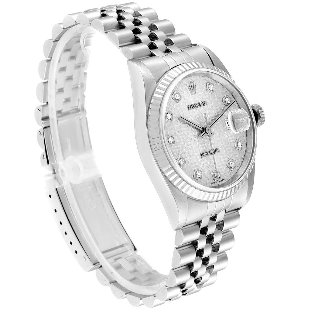 The image shows a side-angle view of a Rolex Datejust 16234 Men's Stainless Steel Silver Dial 16234 Men's Stainless Steel Silver Dial watch, highlighting the bracelet and face with its distinctive features.