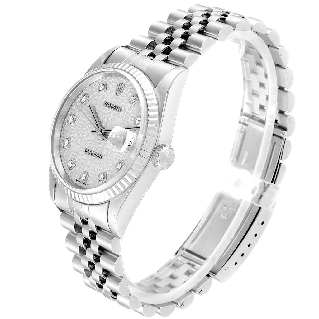 This image shows a Rolex Datejust 16234 Men's Stainless Steel Silver Dial 16234 Men's Stainless Steel Silver Dial watch at an angled side view, highlighting its bracelet, dial, and case.