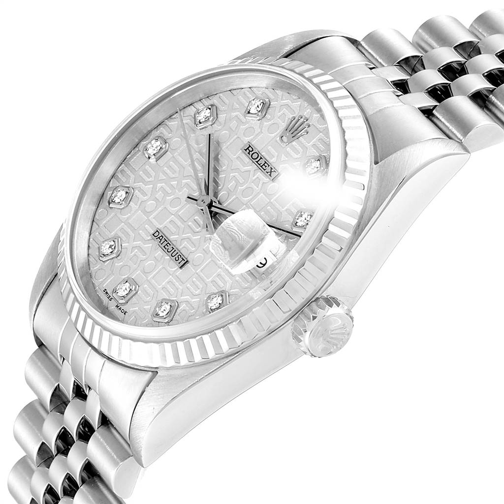 The image shows a close-up angled view of a Rolex Datejust 16234 Men's Stainless Steel Silver Dial 16234 Men's Stainless Steel Silver Dial watch, highlighting the dial, bezel, crown, and part of the bracelet.