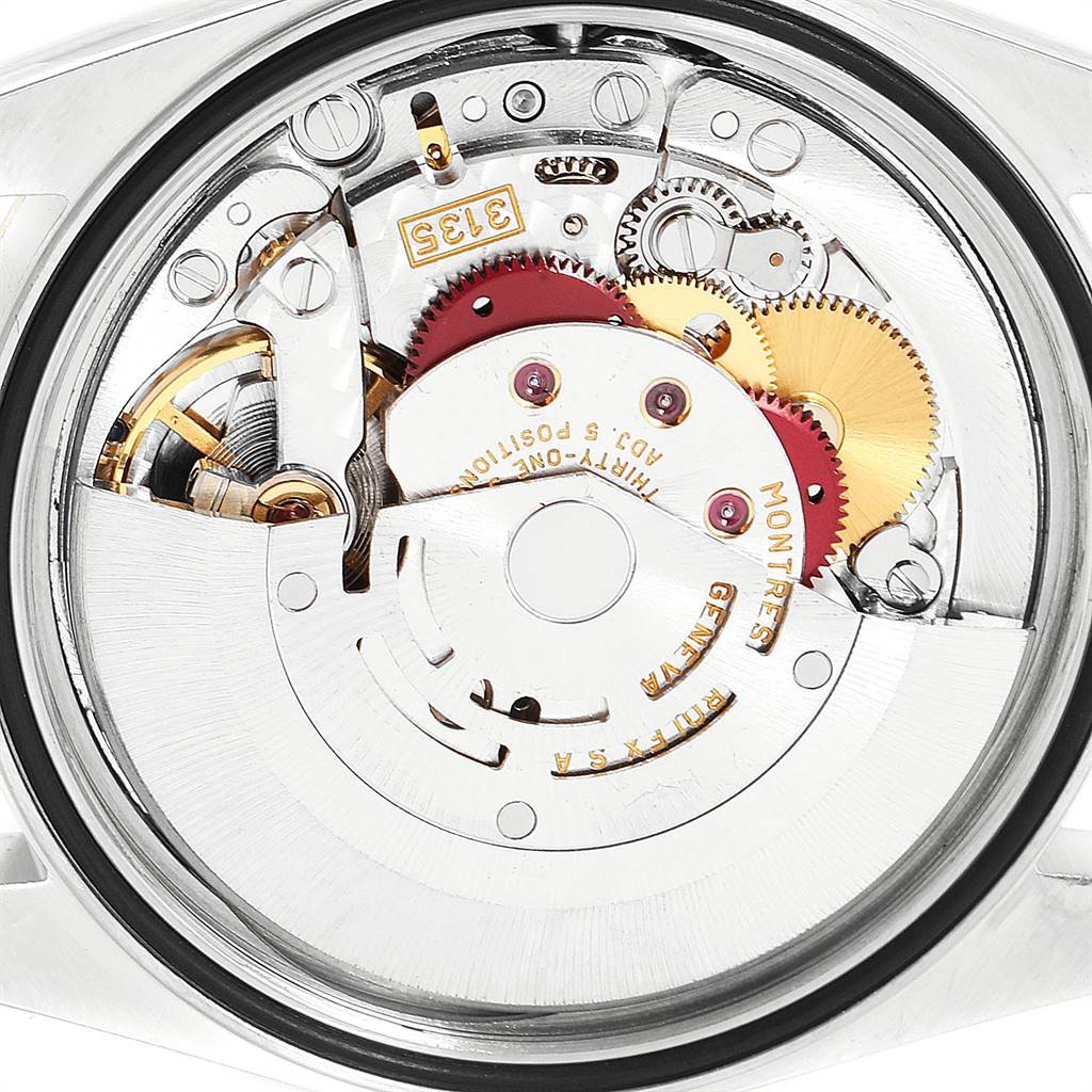 This image shows the internal movement components of a Rolex Datejust 16233 Men's Steel and Gold (two tone) White Dial 16233 Men's Steel and Gold (two tone) White Dial watch from a rear angle.