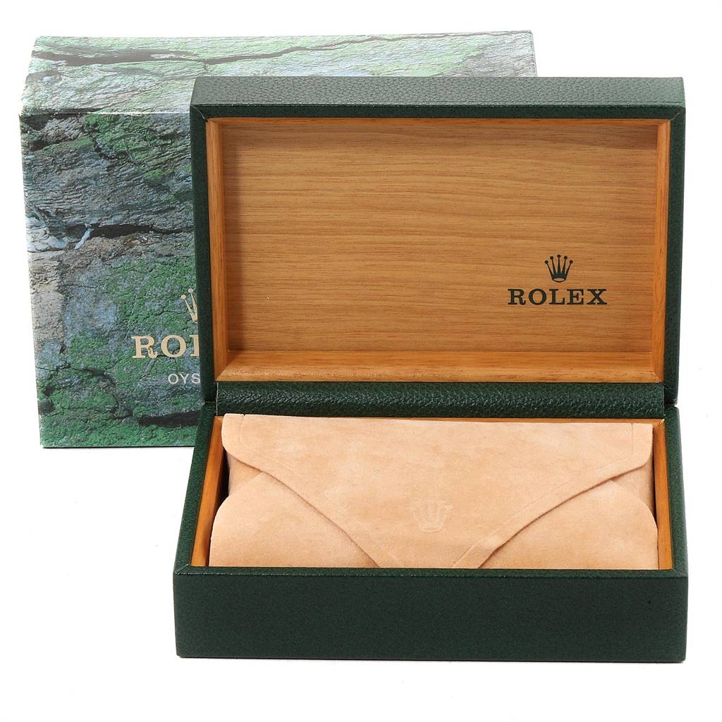 This image shows the packaging box of a Rolex Datejust 16233 Men's Steel and Gold (two tone) White Dial 16233 Men's Steel and Gold (two tone) White Dial watch, including the outer box, inner green case, and beige pouch.