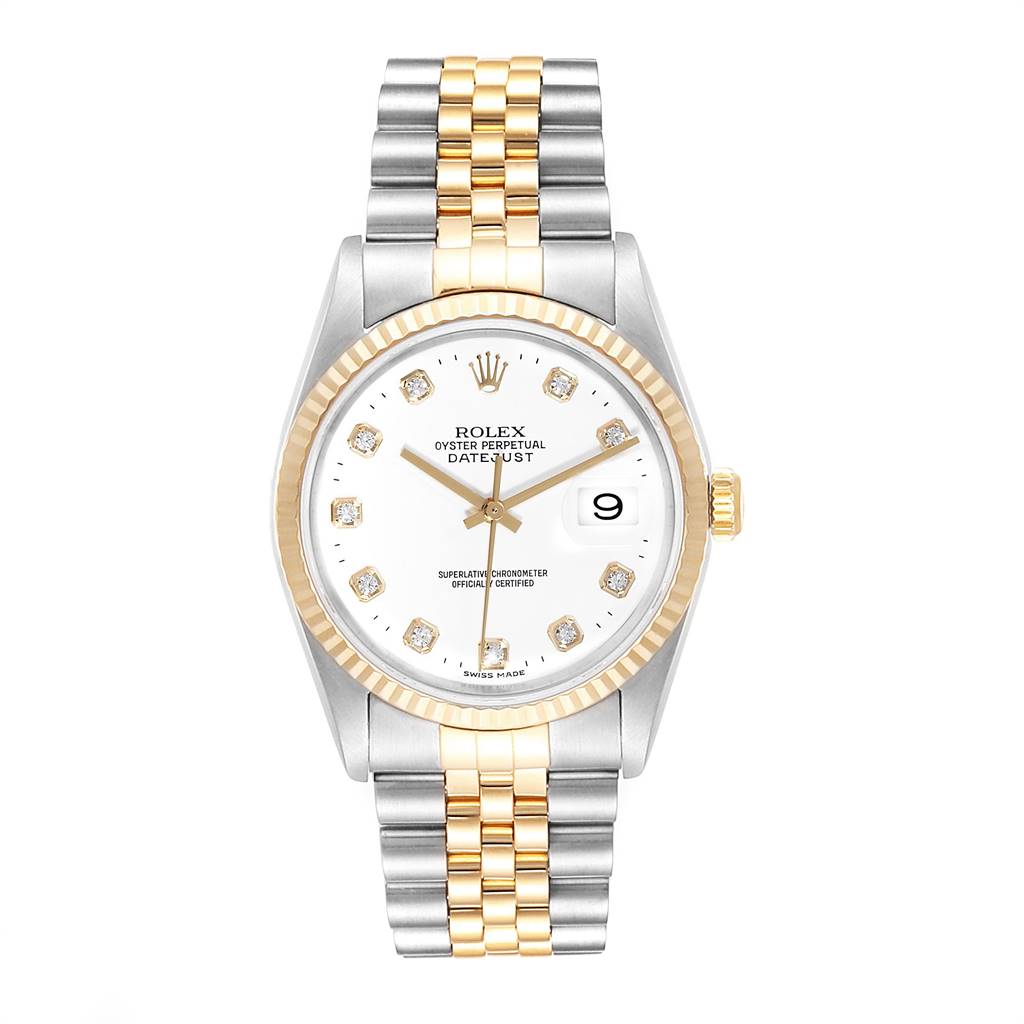 This image shows a frontal view of a Rolex Datejust 16233 Men's Steel and Gold (two tone) White Dial 16233 Men's Steel and Gold (two tone) White Dial watch with a white dial, gold and diamond hour markers, and a two-tone bracelet.