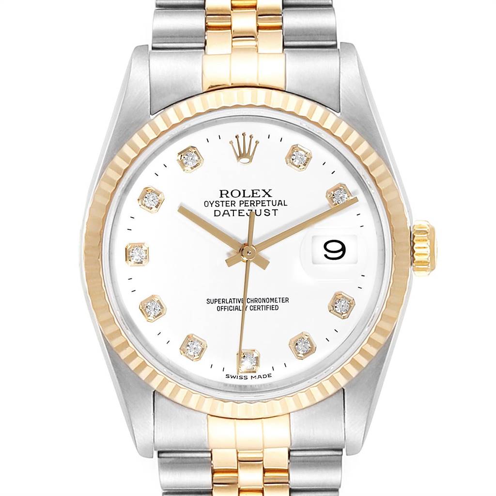 This image shows a frontal view of a Rolex Datejust 16233 Men's Steel and Gold (two tone) White Dial 16233 Men's Steel and Gold (two tone) White Dial watch, highlighting its white dial, diamond hour markers, and two-tone bracelet.