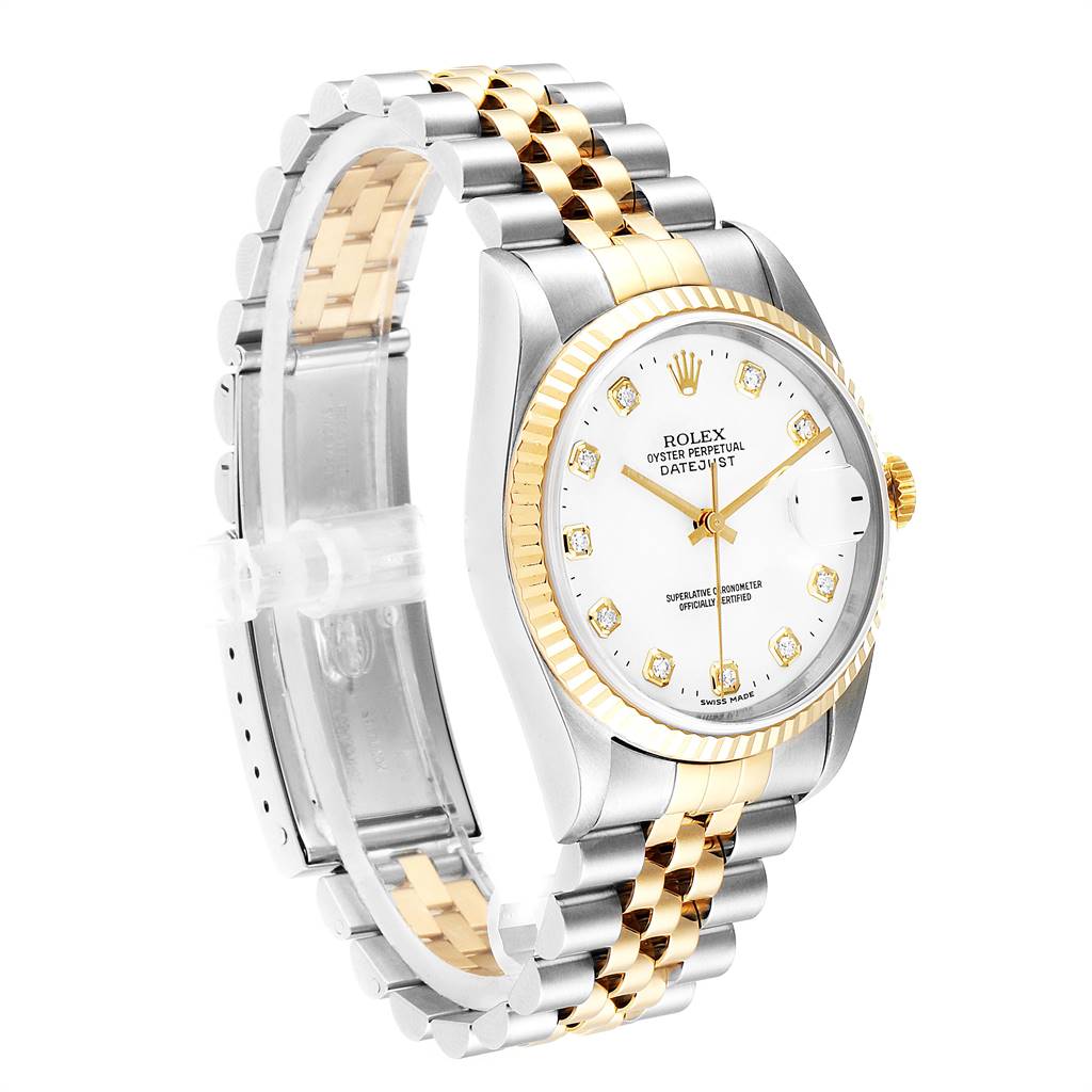 This image shows a side angle of a Rolex Datejust 16233 Men's Steel and Gold (two tone) White Dial 16233 Men's Steel and Gold (two tone) White Dial watch, highlighting the two-tone metal band, white dial, and date display.